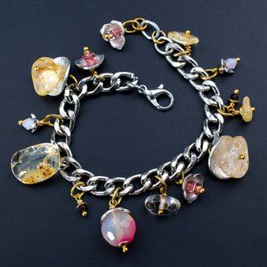 Chunky colorful charm silver chain bracelet, pink gemstone bead dangle bracelet